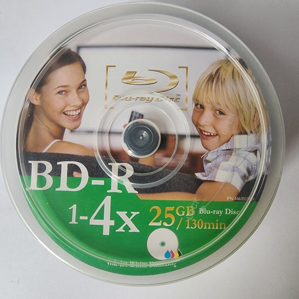 Blu-Ray Disc BD-R 1-4X 25GB 130 Min Inkjet White Printable 25 Pack New Sealed